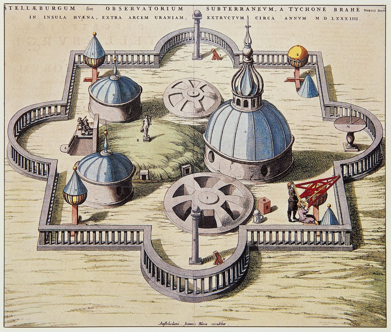 Stelleburgum sive Observatorium Subterraeum ، مرصد فلكي تحت الأرض في Stjerneborg (قلعة النجوم) ، صممه Tycho Brahe (1546-1601) في جزيرة Hven ، الدنمارك ، رسم بواسطة Willem Blaeu ، حوالي 1595. بواسطة ويليم بلاو
