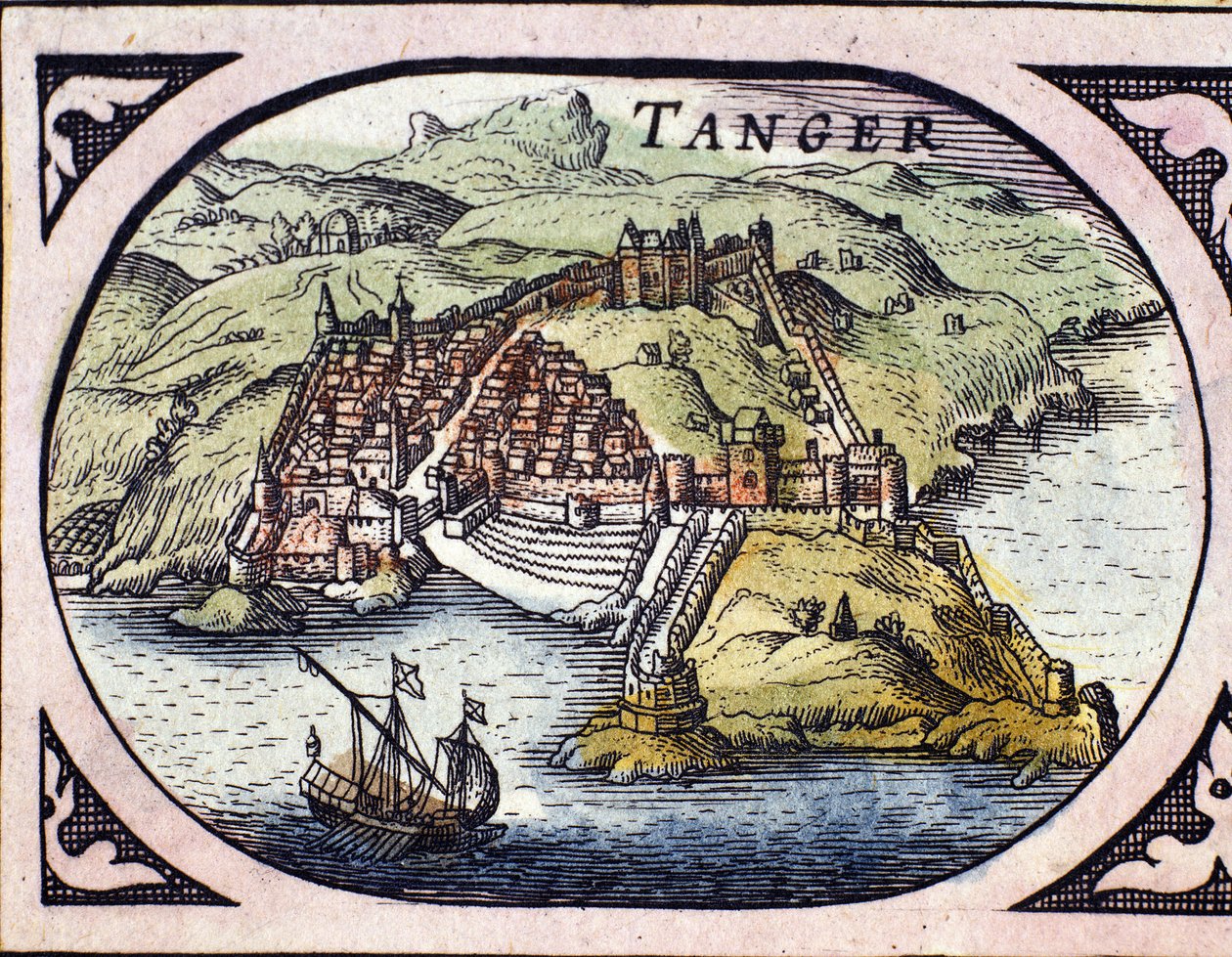 منظر لمدينة طنجة المحصنة والساحل المغربي. خريطة من الأطلس الهولندي بواسطة WG Blaeu ، أمستردام بواسطة ويليم بلاو