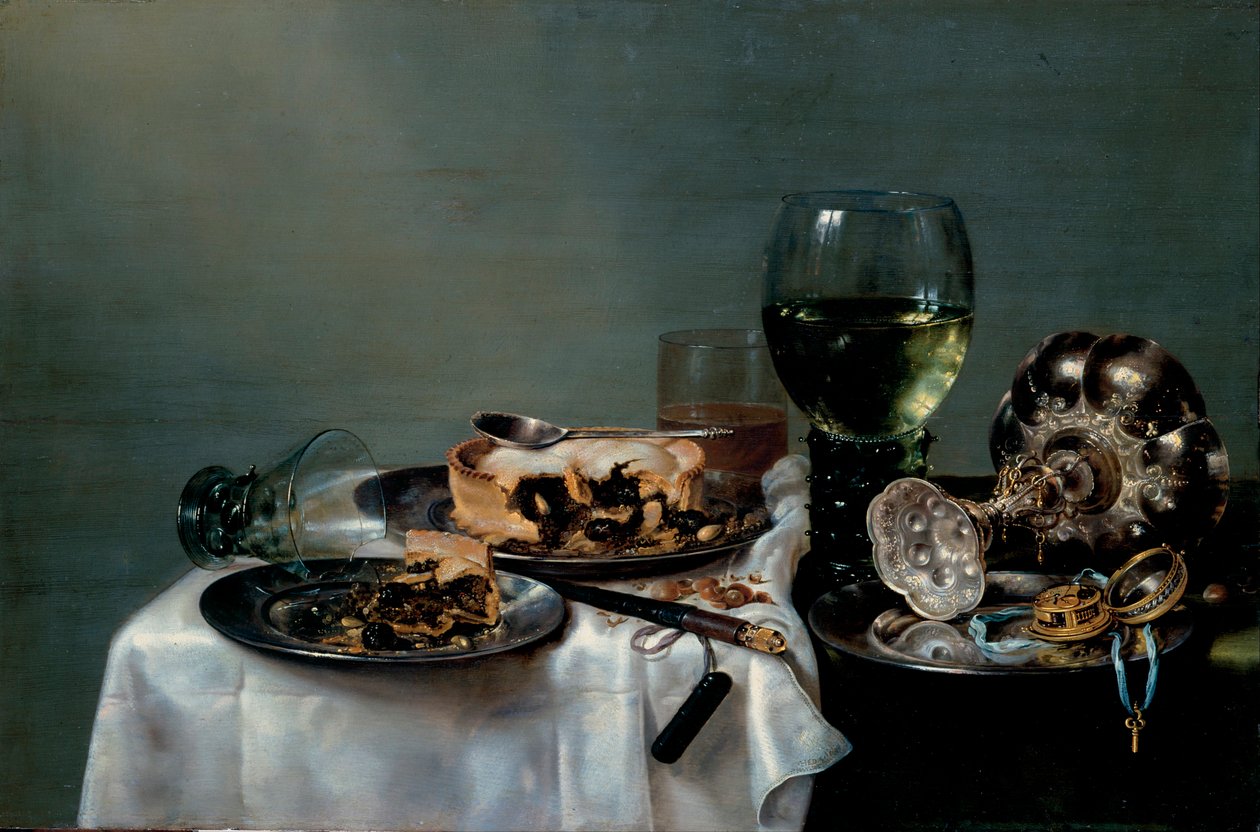 "" Still Life of Breakfast Table with Blackberry Pie "(طاولة الإفطار مع فطيرة بلاك بيري) لوحة بواسطة Willem Claesz Heda (1594-1680) 1631 Dim 54x82 cm ألوان زيتية على القماش مجموعات فنون ولاية درسدن بواسطة فيليم كلايس. هيدا