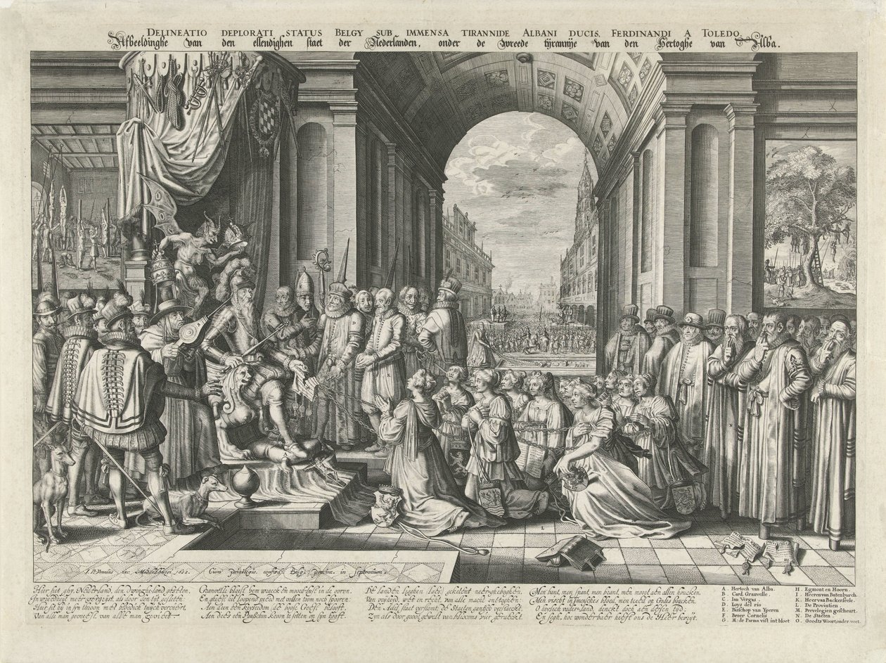 طغيان ألفا حوالي 1569 Delineatio deplorati status Belgy sub immensa tyrannide Albani ducis، Ferdinandi a Toledo (العنوان على الكائن) صور الدولة البائسة لهولندا ، تحت طغيان هيرتوج فان ألبا (العنوان على بواسطة فيليم جاكوبس ديلف (منسوب إلى)