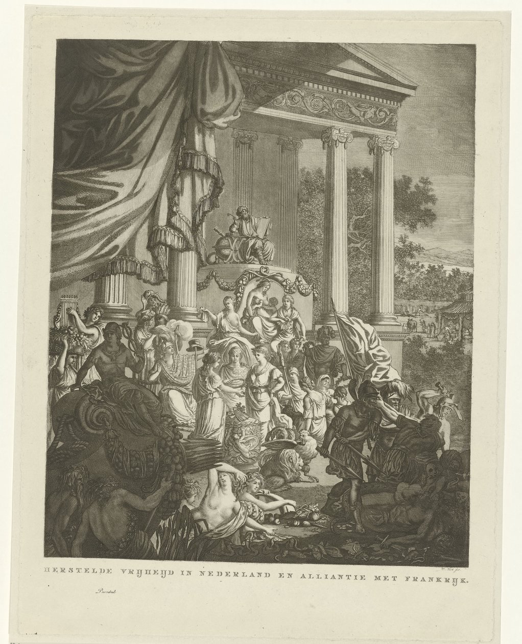 التمثيل المجازي للتحالف بين هولندا وفرنسا ، 1795 استعادة الحرية في هولندا والتحالف مع فرنسا (العنوان على الشيء) بواسطة فيليم كوك