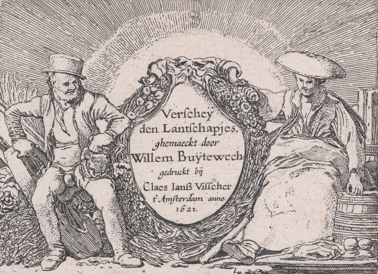صفحة العنوان ، من Verscheyden Landtschapjes ، مناظر طبيعية صغيرة مختلفة ، اللوحة 1 ، كاليفورنيا. 1616 ، بواسطة فيليم بيترس. Buytewech