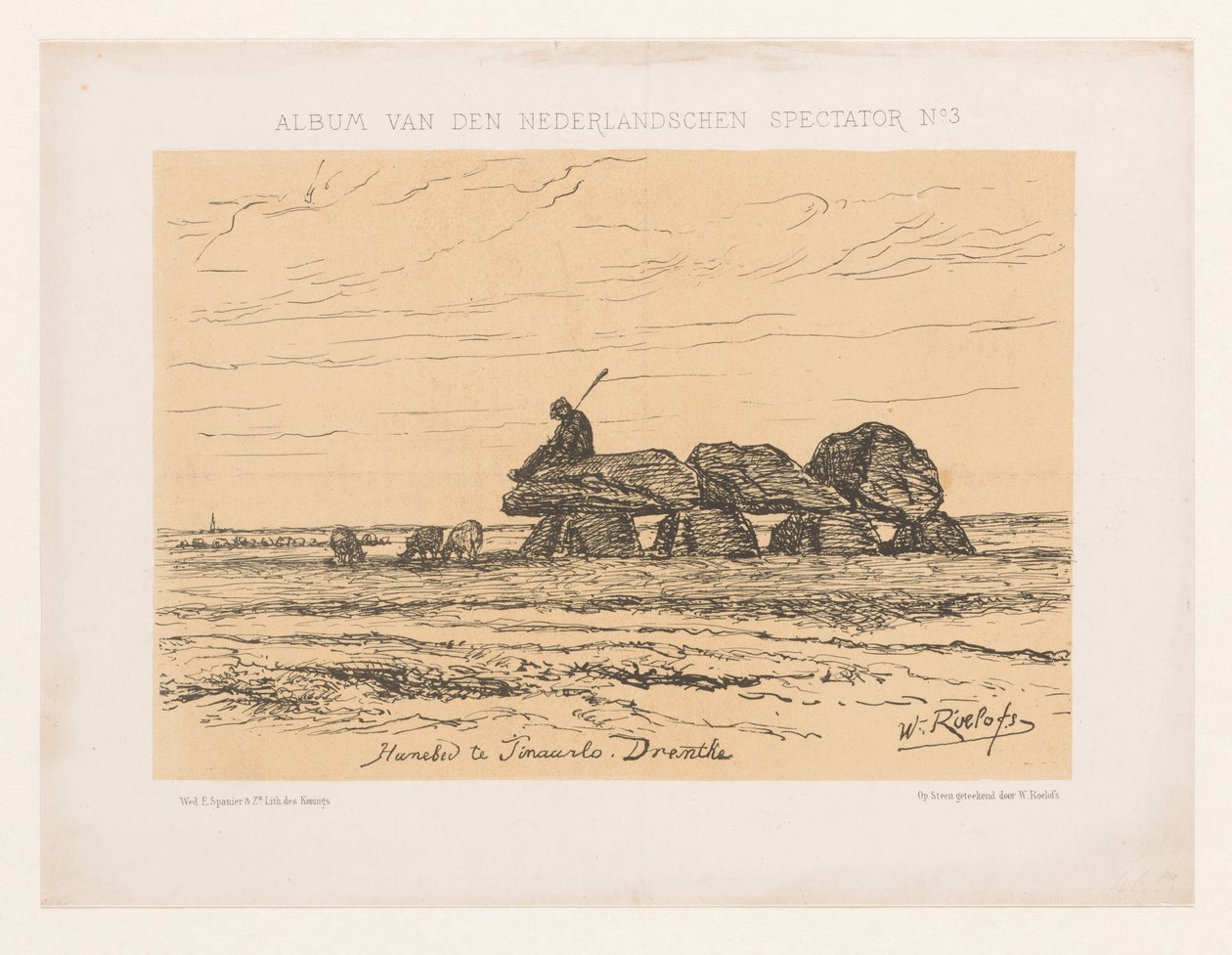 Hunebed في Tynaarlo في درينثي Hunebed في Tinaarlo. درينثي (العنوان على الكائن) ألبوم van den Nederlandschen Spectator No 3 (عنوان السلسلة) بواسطة ويليم رويلوفس (أنا)