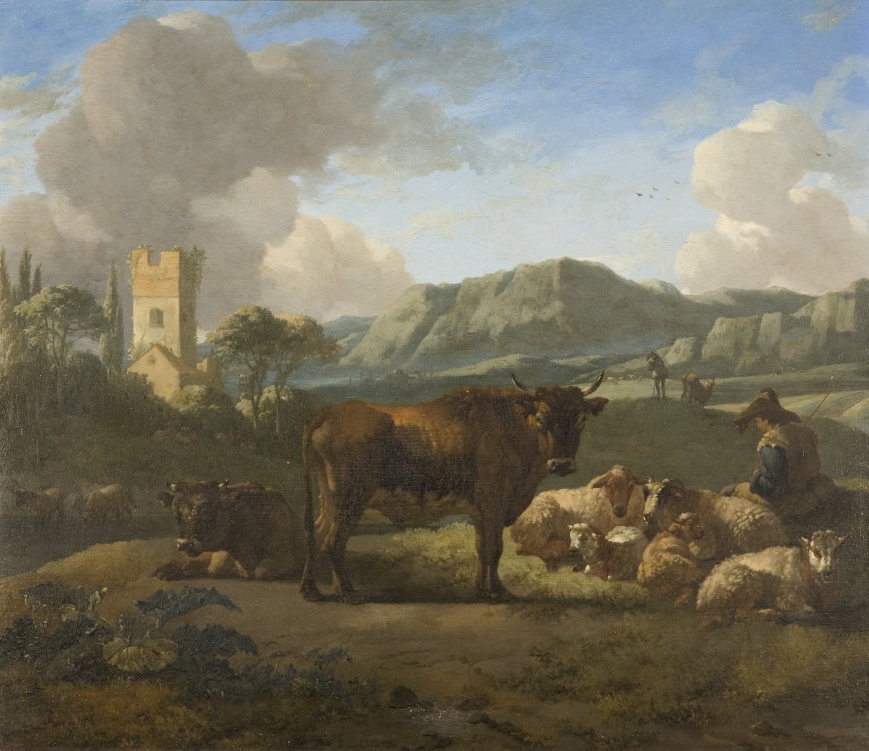 الماشية والرعاة في منظر طبيعي على التلال ، حوالي 1650-70 (زيت على لوح) بواسطة ويليم رومين