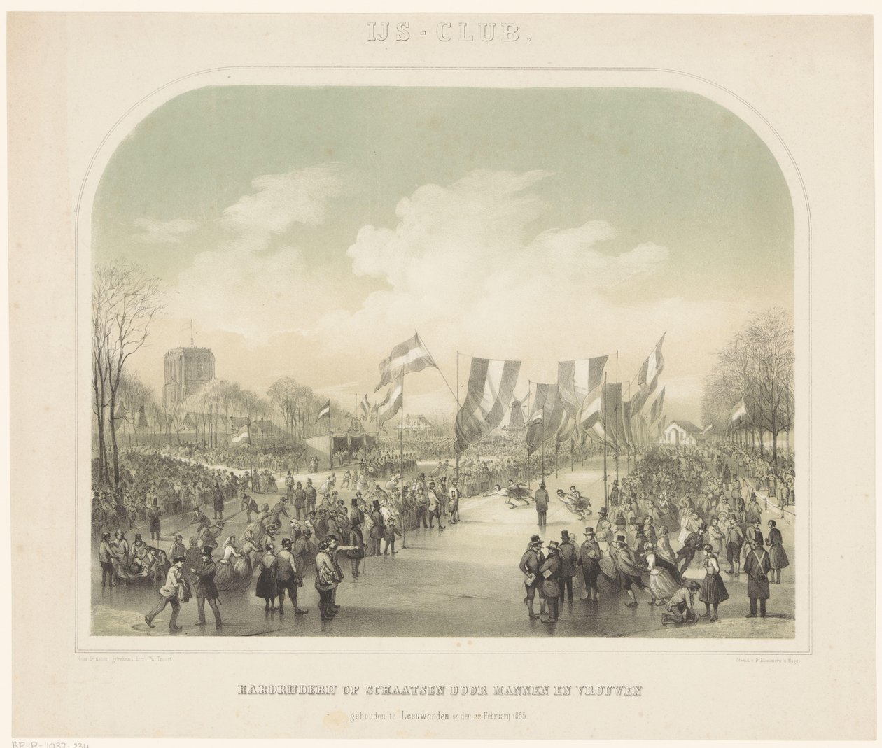 مسابقة التزلج نادي الجليد / سباق التزلج الذي أقامه الرجال والنساء في ليوواردن في 22 فبراير 1855 (العنوان على الجسم) بواسطة فيليم تروست (الثاني)