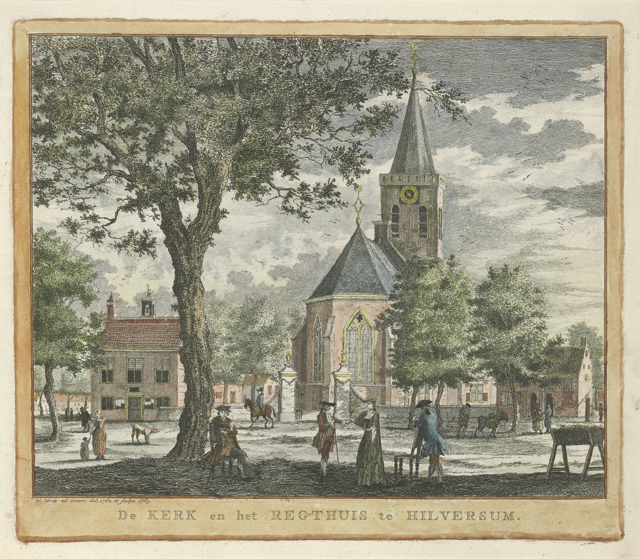 الكنيسة وبيت المحكمة في هيلفرسوم عام 1762 (قبل حريق 1766) الكنيسة و Regthuis في هيلفرسوم (العنوان على الكائن) بواسطة فيليم يكتب