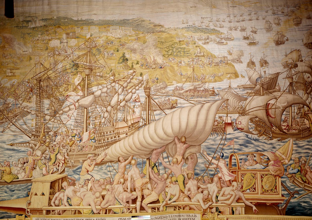 Conqueence of Tunis بواسطة الإمبراطور شارل الخامس: مقر جوليت في عام 1535. تفاصيل نسيج بقلم ويليم دي بانميكر (نشط حوالي 1535-1554) 1554 ألكازار دي إشبيلية بواسطة ويليم دي بانميكر