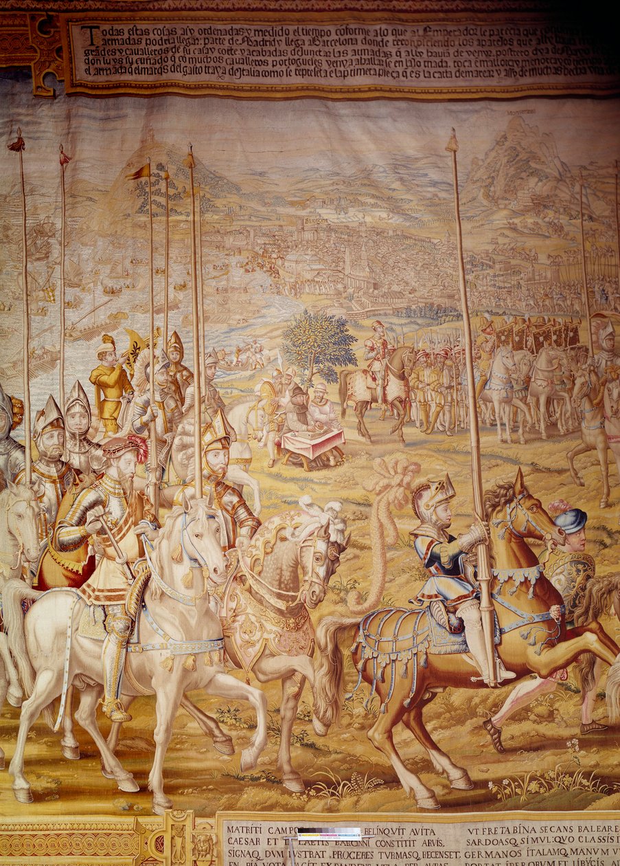 استيلاء الإمبراطور شارل الخامس على تونس عام 1535: تمثيل الإمبراطور والرضيع دون لويس. تفاصيل نسيج بقلم ويليم دي بانميكر (نشط حوالي 1535-1554) 1554 ألكازار دي إشبيلية بواسطة ويليم دي بانميكر