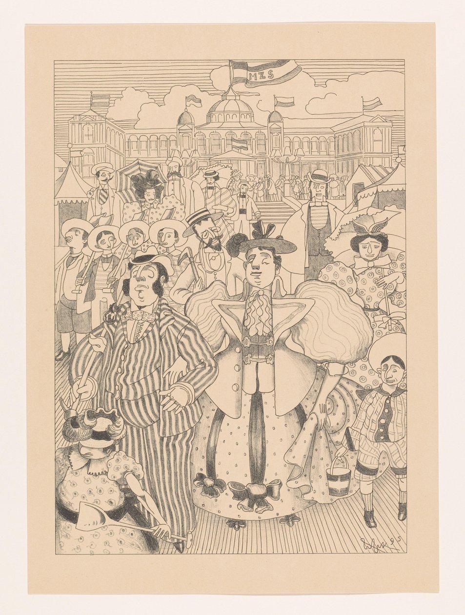 مستحمون يهود برسومات كاريكاتورية على شاطئ شيفينينغن بواسطة Willem van Konijnenburg