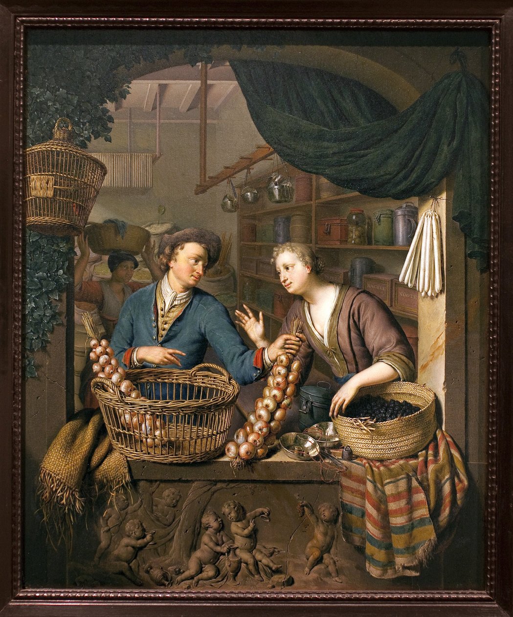 بائع البصل. لوحة لويليم فان ميريس (1662-1747) ، زيت على خشب بواسطة ويليم فان ميريس