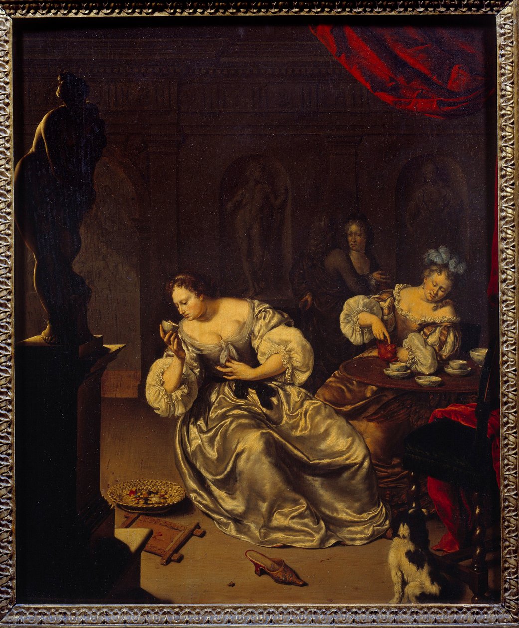 نساء النبلاء الهولنديين يتناولن الشاي. اللوحة بواسطة ويليم فان ميريس (1662-1747) (ec.holl) القرن الثامن عشر. 0،42 × 0،34 م بواسطة ويليم فان ميريس