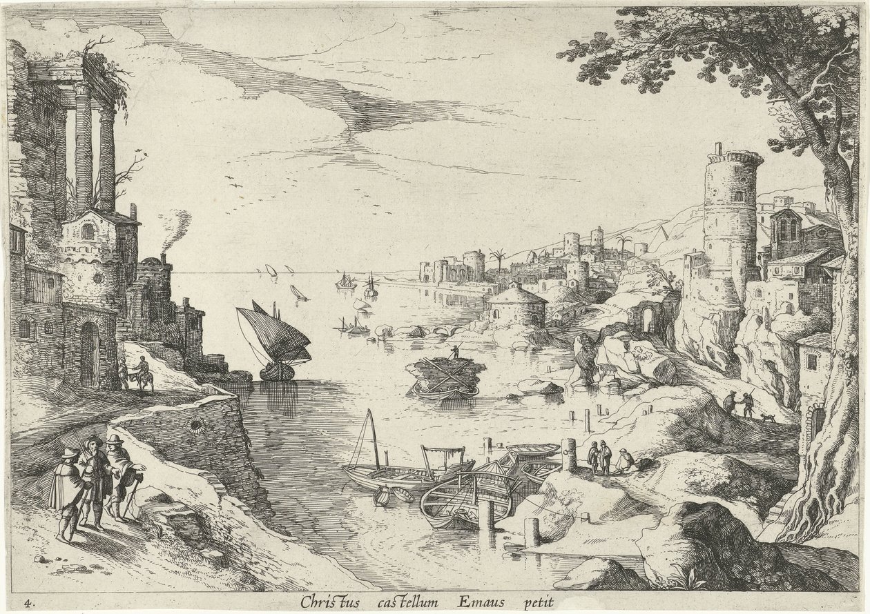 منظر طبيعي مع العشاء في عمواس Christ castellum Emaus petit (العنوان على الكائن) المناظر الطبيعية الإيطالية مع مشاهد من الكتاب المقدس (عنوان السلسلة) بواسطة ويليم فان نيولانت (الثاني)