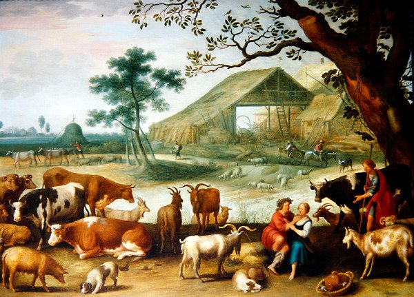 زوجان من الفلاحين مع ماشية بجوار المزرعة بواسطة Willem van Nieulandt