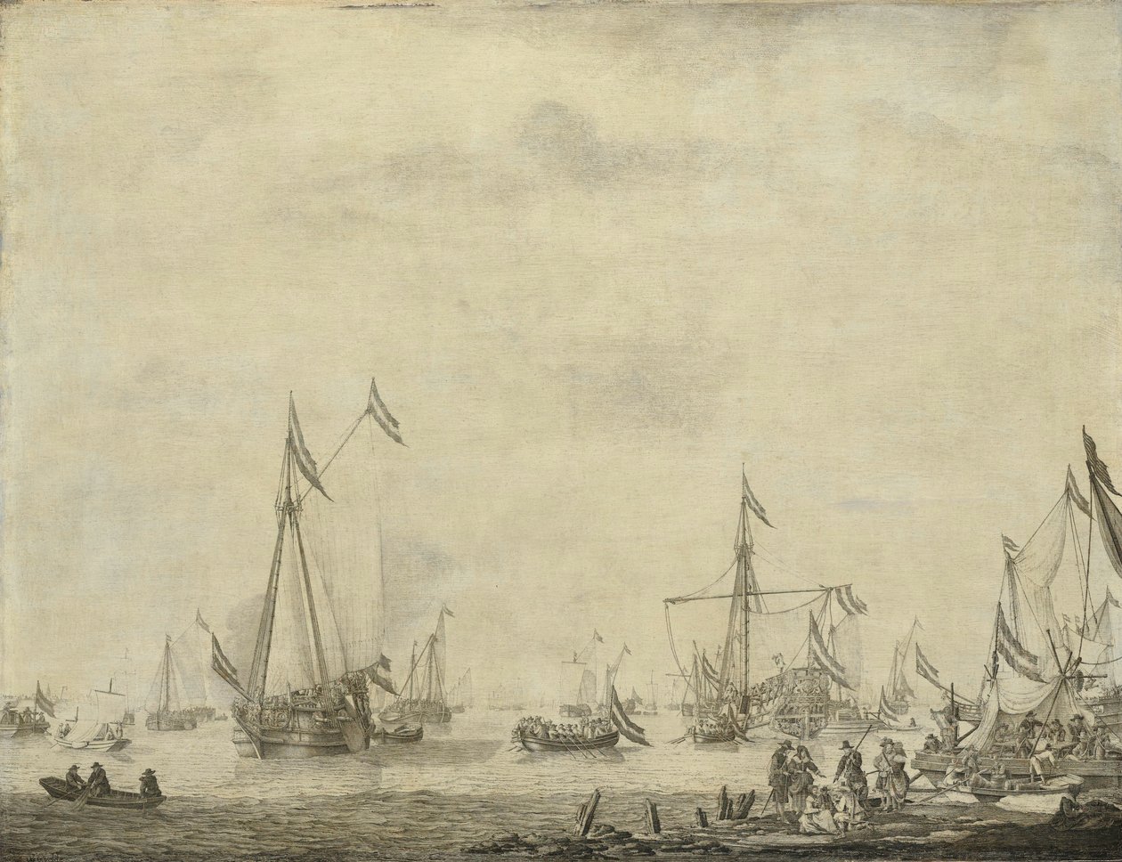 يخت ملكي ويخت حكومي شراع من Moerdijk مع تشارلز الثاني ، ملك إنجلترا ، على متن السفينة ، 1660 بواسطة ويليم فان دي فيلدي (الأول)