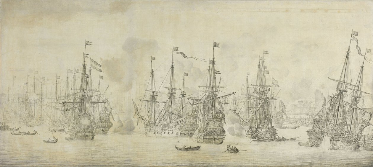 الهجوم الفاشل للإنجليز على أسطول العودة في ميناء بيرغن ، النرويج ، 12 أغسطس 1665: حلقة من الحرب الأنجلو هولندية الثانية بواسطة ويليم فان دي فيلدي (الأول)