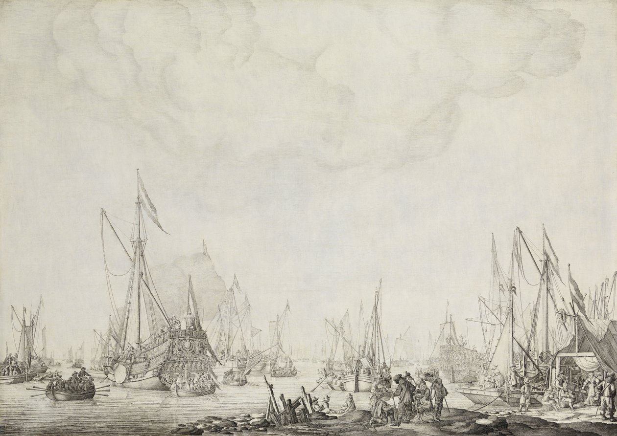 اليخوت الملكية والولاية ، ربما وصول تشارلز الثاني ملك إنجلترا في Moerdijk ، 1660 بواسطة ويليم فان دي فيلدي (الأول)