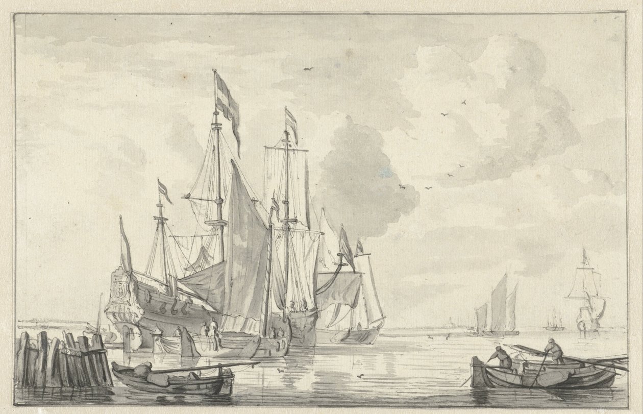 المناظر البحرية مع بعض السفن في المياه الهادئة بالقرب من الشاطئ بواسطة ويليم فان دي فيلدي (الثاني)