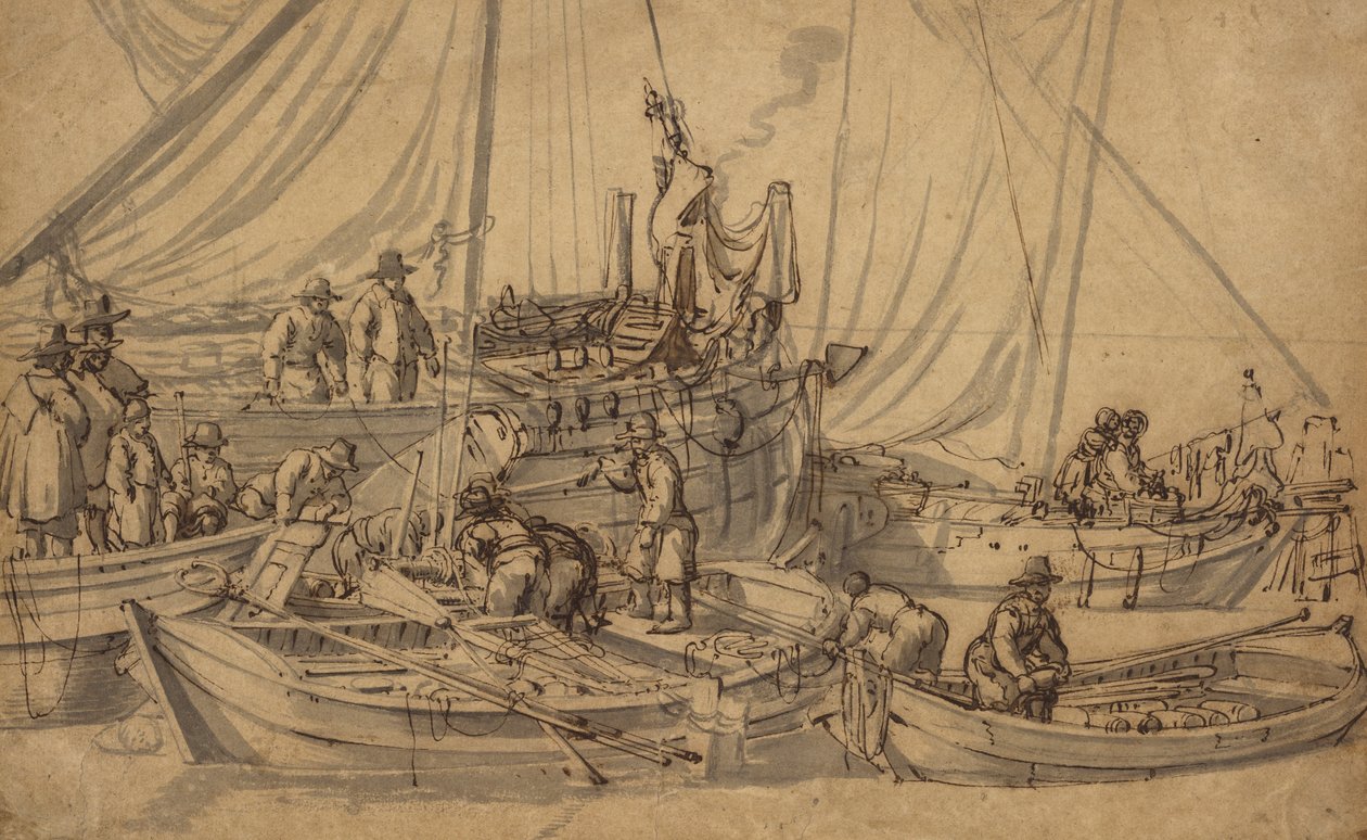 أرقام على متن السفن التجارية الصغيرة ، c.1650-5 (قلم ، حبر بني ورسم غسيل) بواسطة ويليم فان دي فيلدي
