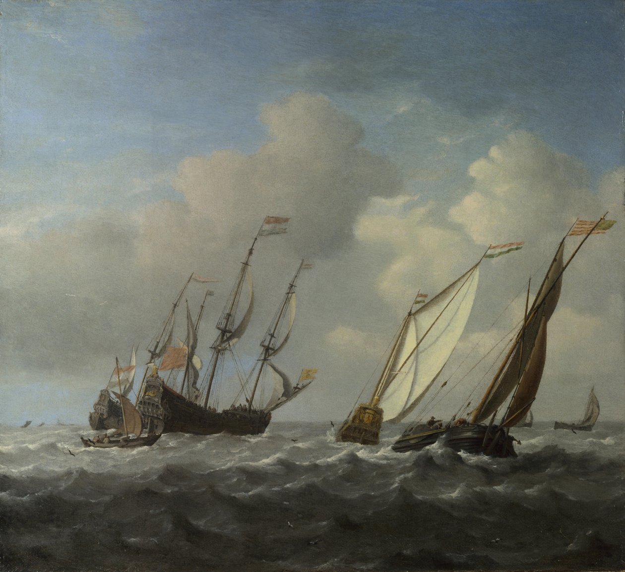 سفينة هولندية ويخت وسفن صغيرة في نسيم ، ج. 1660 بواسطة ويليم فان دي فيلدي الأصغر