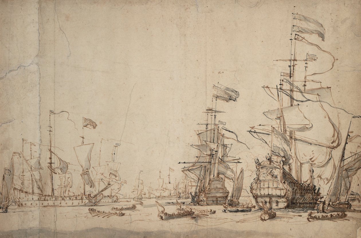 مجلس حرب في الأسطول الهولندي؟ مايو 1665، حوالي 1674 (قلم، حبر بني، حبر بني، غسيل رمادي) بواسطة ويليم فان دي الأصغر فيلدي