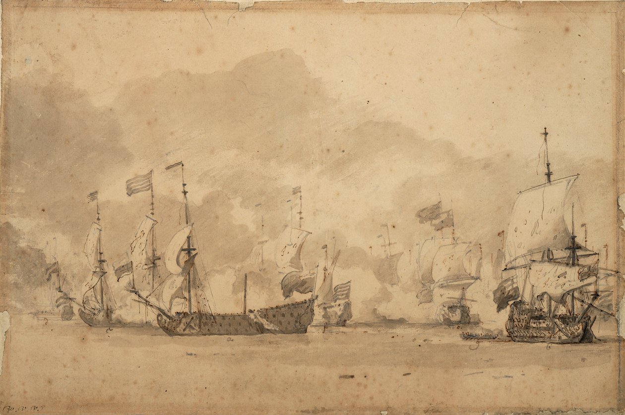 معركة تيكسل (كيكدواين) 11-21 أغسطس 1673، حوالي 1673 (جرافيت، غسيل رمادي) بواسطة ويليم فان دي الأصغر فيلدي