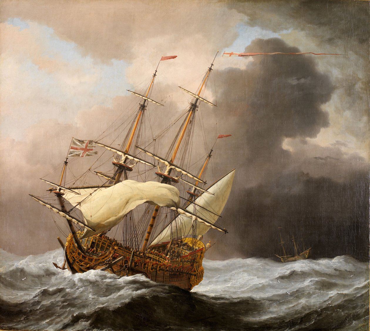 The English Ship Hampton Court in a Gale ، 1678-80. بواسطة ويليم فان دي فيلدي الأصغر