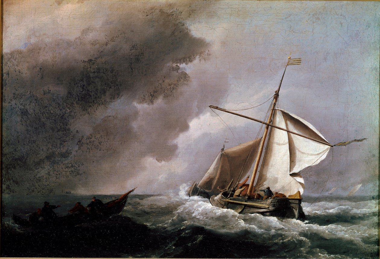 سفينة هولندية تخفض الأشرعة في انتظار قارب نجاة لوحة رسمها ويليم فان دي فيلدي الشاب (1633-1707) 1660 صن. 23،2x33،2 سم معرض لندن الوطني بواسطة ويليم فان دي الأصغر فيلدي