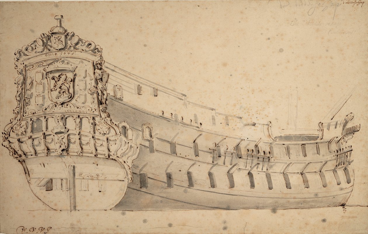صورة لسفينة "Ridderschap"، 66 مدفعًا، تابعة لأميرالية ماس، بُنيت عام 1666 وفُقدت في البحر عام 1690، حوالي 1686 (جرافيت، غسيل رمادي) بواسطة ويليم فان دي الأصغر فيلدي