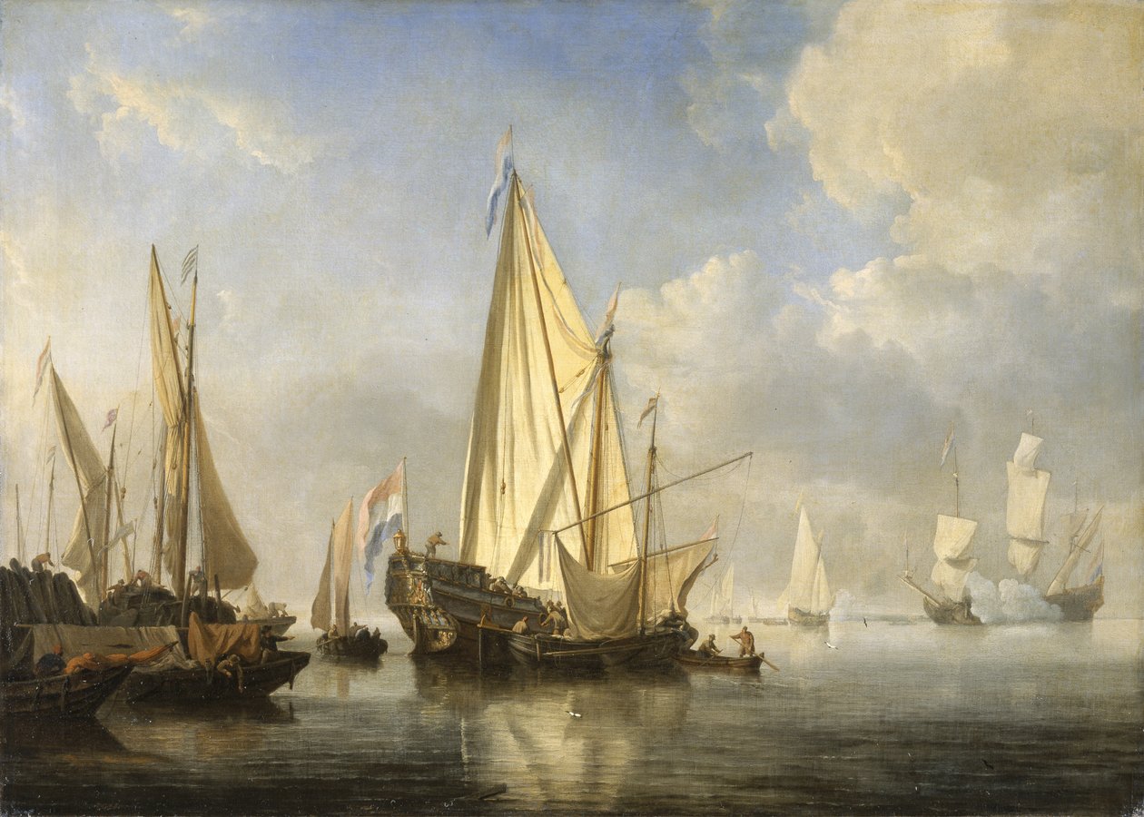 Shipping in a calm with a States Yacht off the end of a pier, c.1680 (oil on canvas) بواسطة ويليم فان دي الأصغر فيلدي