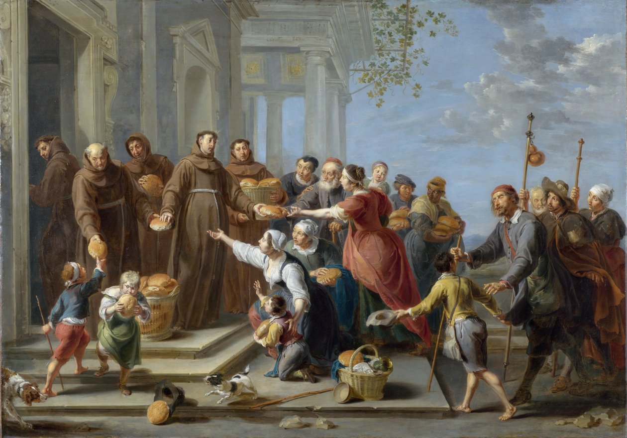 القديس أنتوني بادوا يوزع الخبز - رسم لويليم فان هيرب لاين (1614-1677) ، زيت على النحاس (80 × 114.3 سم) ، حوالي 1662 - (القديس أنتوني بادوا يوزع الخبز والزيت على النحاس بواسطة ويليم فان هيرب شيخ ، 1662) - المعرض الوطني ، إل بواسطة ويليم فان هيرب الأكبر