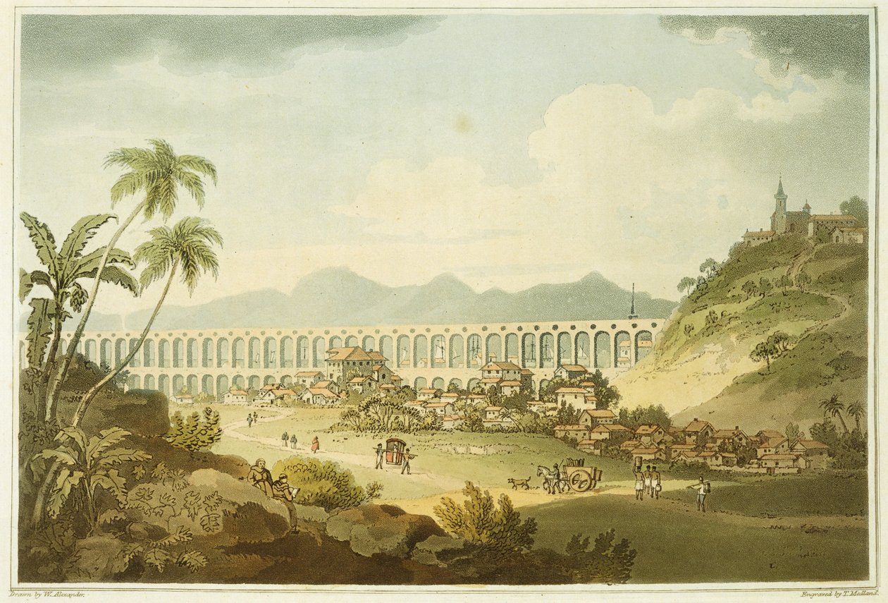 Arcos de Carioco ، أو Grand Aqueduct في ريو دي جانيرو ، اللوحة 5 من "رحلة إلى كوتشينشينا" بواسطة جون بارو (1764-1848) منقوش بواسطة توماس ميدلاند (1755-1823) 1806 (aquatint) بواسطة وليام الكسندر
