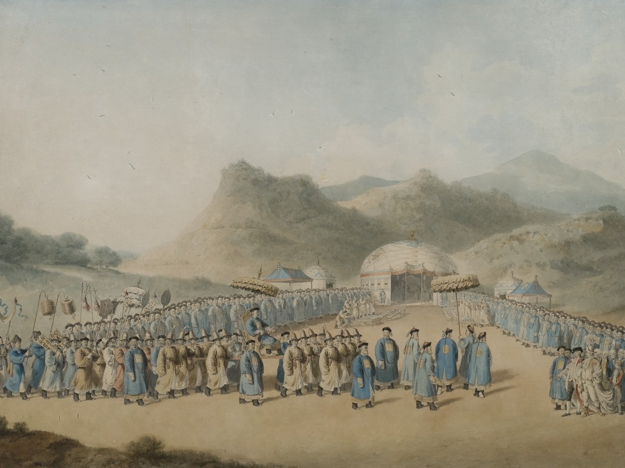 اقتراب إمبراطور الصين من خيمته في طرطاري لاستقبال السفير البريطاني ، 1799 (مرحاض على ورق) بواسطة وليام الكسندر
