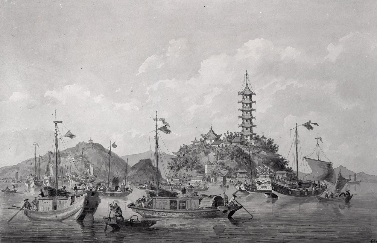 منظر لجزيرة الجبل الذهبي في النهر الأزرق ، الصين ، c.1794 (قلم ، حبر وإغسل) بواسطة وليام الكسندر