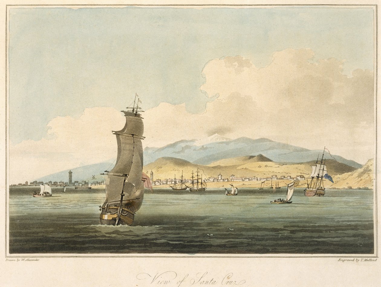 منظر لسانتا كروز ، اللوحة 3 من "رحلة إلى كوتشينشينا" لجون بارو (1764-1848) منقوشة بواسطة توماس ميدلاند (1755-1823) 1806 (أكواتينت) بواسطة وليام الكسندر