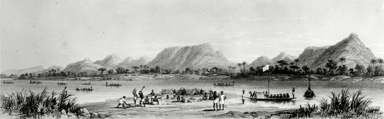 Mountains und Market Canoes بالقرب من Bokwen ، من "مناظر خلابة على نهر النيجر: تم رسمها أثناء زيارة Lander الأخيرة في 1832-1833" ، مطبوعة حجرية من إنتاج Thomas Picken ، تم نشرها عام 1840 بواسطة وليام ألين