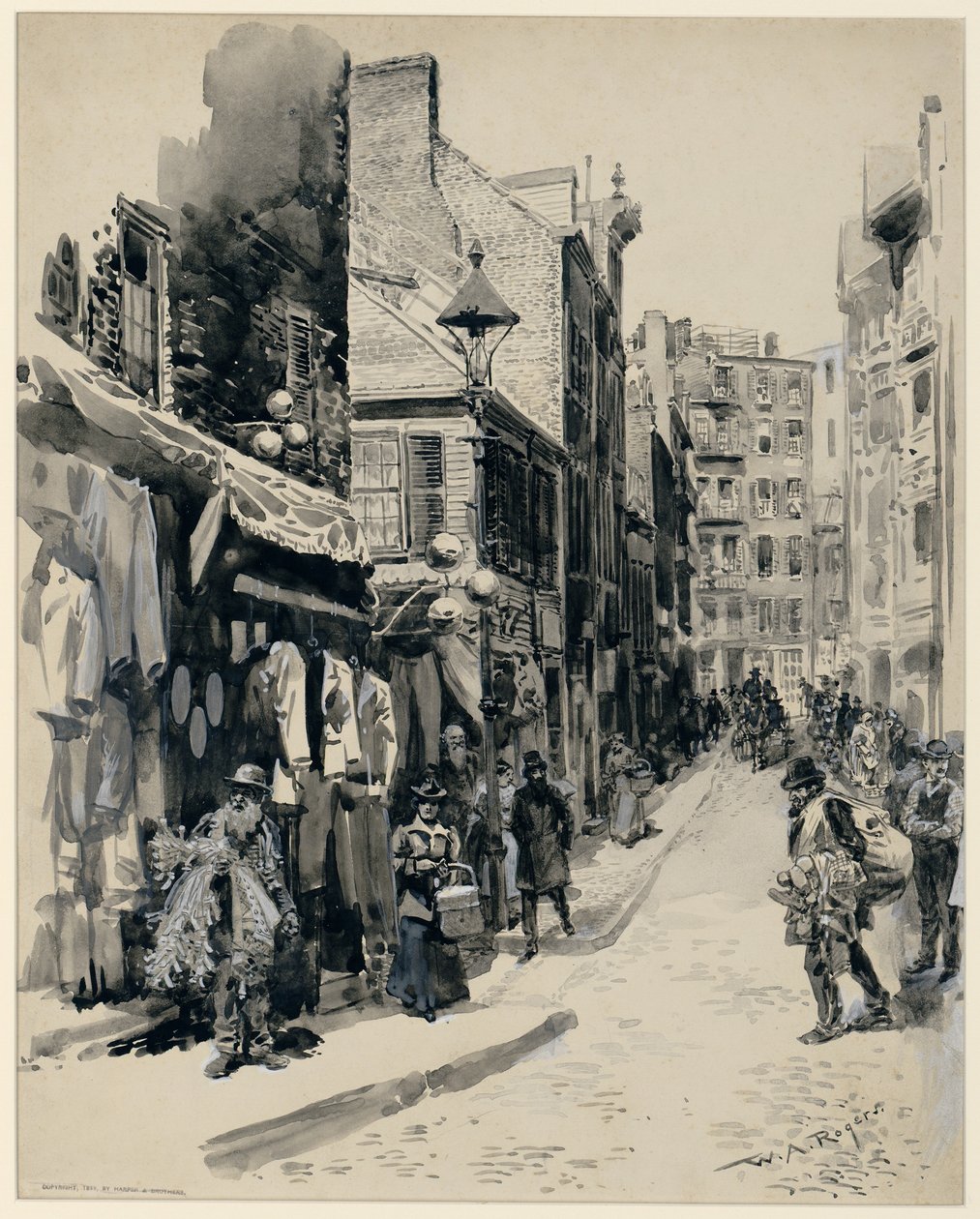 الحي اليهودي ، بوسطن ، تم نشره عام 1899 (قلم وحبر وغسل على ورق) بواسطة وليام ألين روجرز