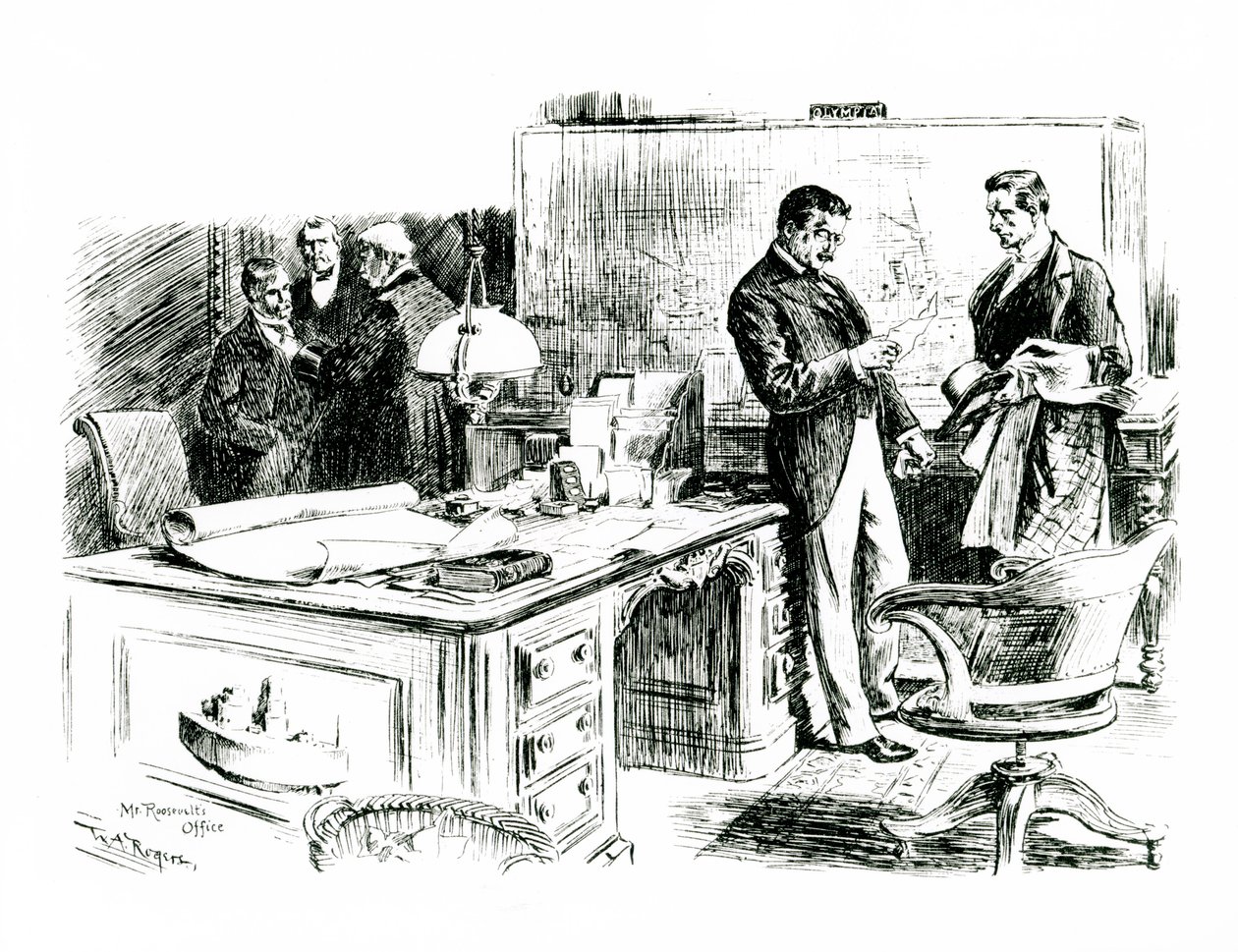 السيناتور لودج ومساعد وزير الخارجية في مكتب الرئيس روزفلتس يناقشان غزو جزر الفلبين ، 1898 بواسطة وليام ألين بعد روجرز