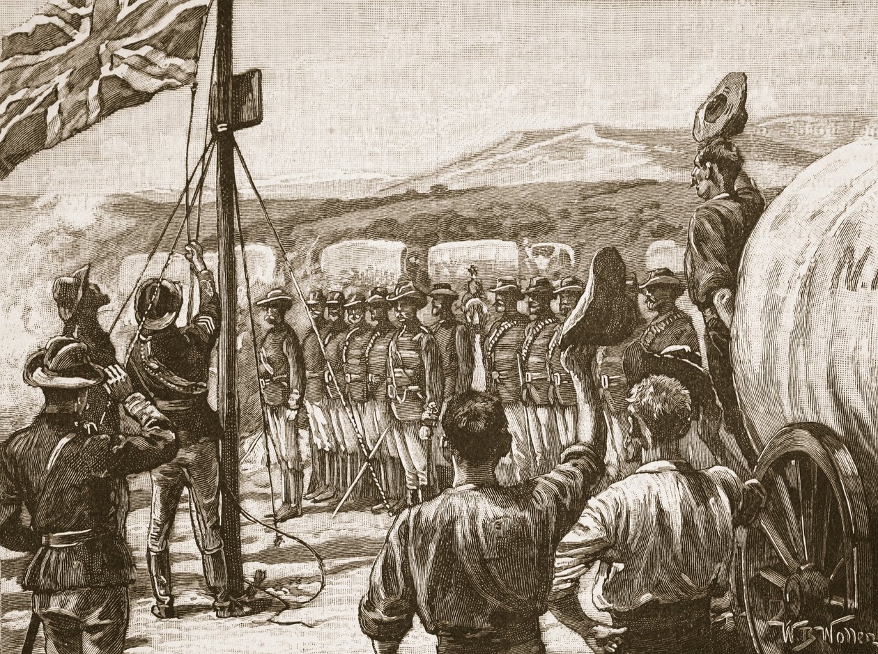 رائدة شركة جنوب إفريقيا البريطانية في ماشونالاند ، 1890 ، رسم توضيحي من "تاريخ إنجلترا المصور لكاسل" (الصورة البني الداكن) بواسطة صوف ويليام بارنز