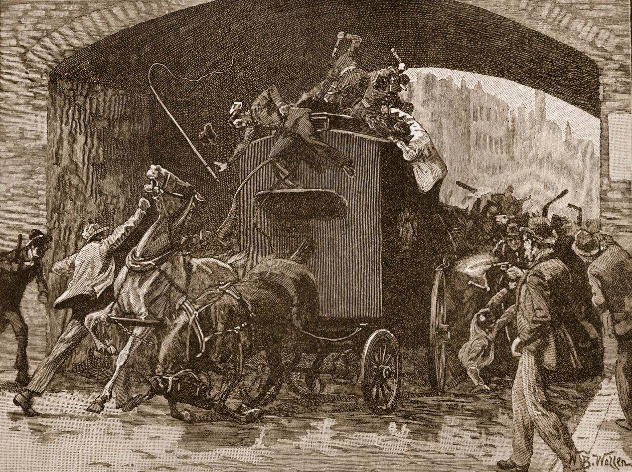 هجوم فينيان على سيارة الشرطة في مانشستر ، 1867 ، رسم توضيحي من "تاريخ إنجلترا المصور لكاسل" (صورة بني داكن) بواسطة صوف ويليام بارنز