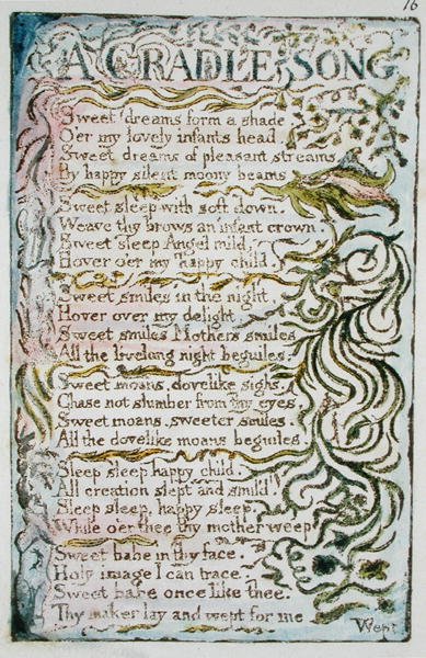 أغنية مهد ، رر. رسم توضيحي من أغاني البراءة والخبرة (Bentley Copy L) pl.16 (Bentley 16) 1789-94 (نقش بارز بالقلم والحمام على ورق) بواسطة وليام بليك