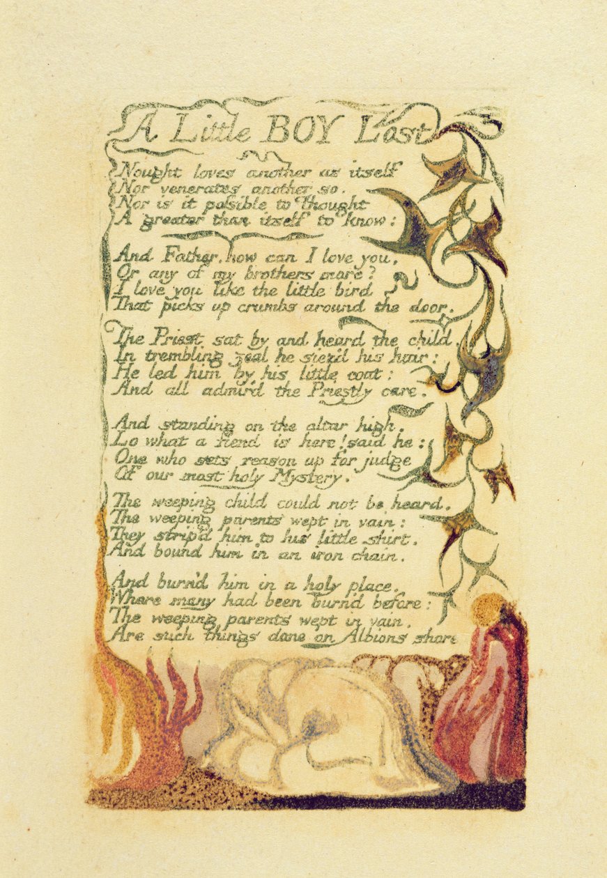 "ليتل بوي لوست" ، اللوحة 42 من "أغاني الخبرة" ، 1794 (نقش بارز مطبوع مع مرحاض) بواسطة وليام بليك
