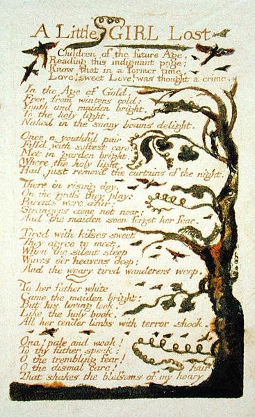 فتاة صغيرة ضائعة ، اللوحة 43 من أغاني الخبرة ، 1789 (نقش بارز مطبوع مع مرحاض على ورق) بواسطة وليام بليك