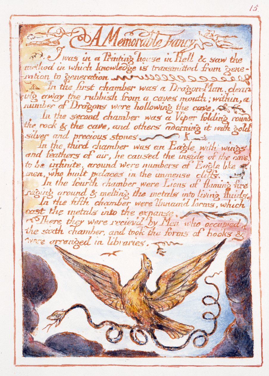 خيال لا يُنسى ، نص وتوضيحات من "زواج السماء والجحيم" ، ج. 1790-3 (نقش بارز بالقلم والحمام) بواسطة وليام بليك