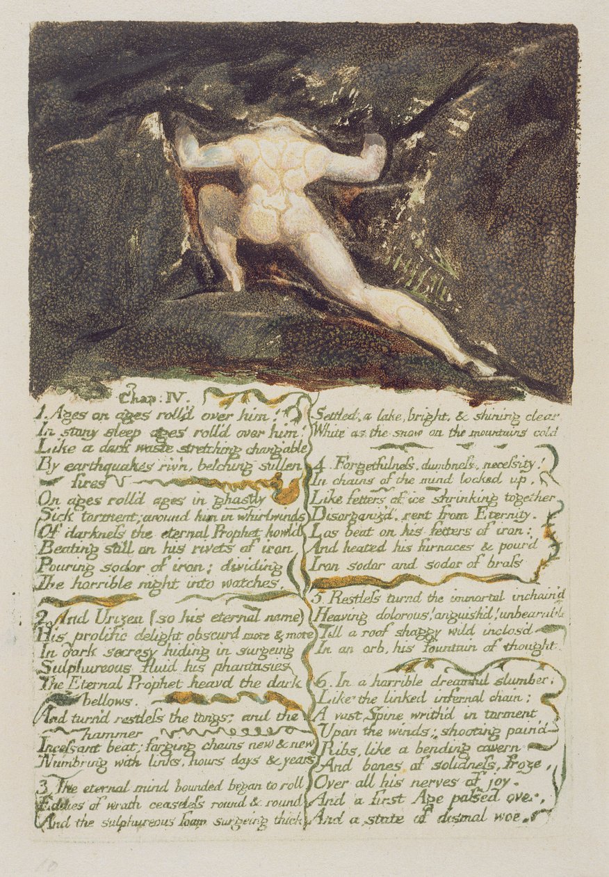 "مر العصور فوقه ..." ، اللوحة 9 من "الكتاب الأول لأوريزين" ، 1794 (نقش بارز مطبوع بالألوان مع مرحاض) بواسطة وليام بليك