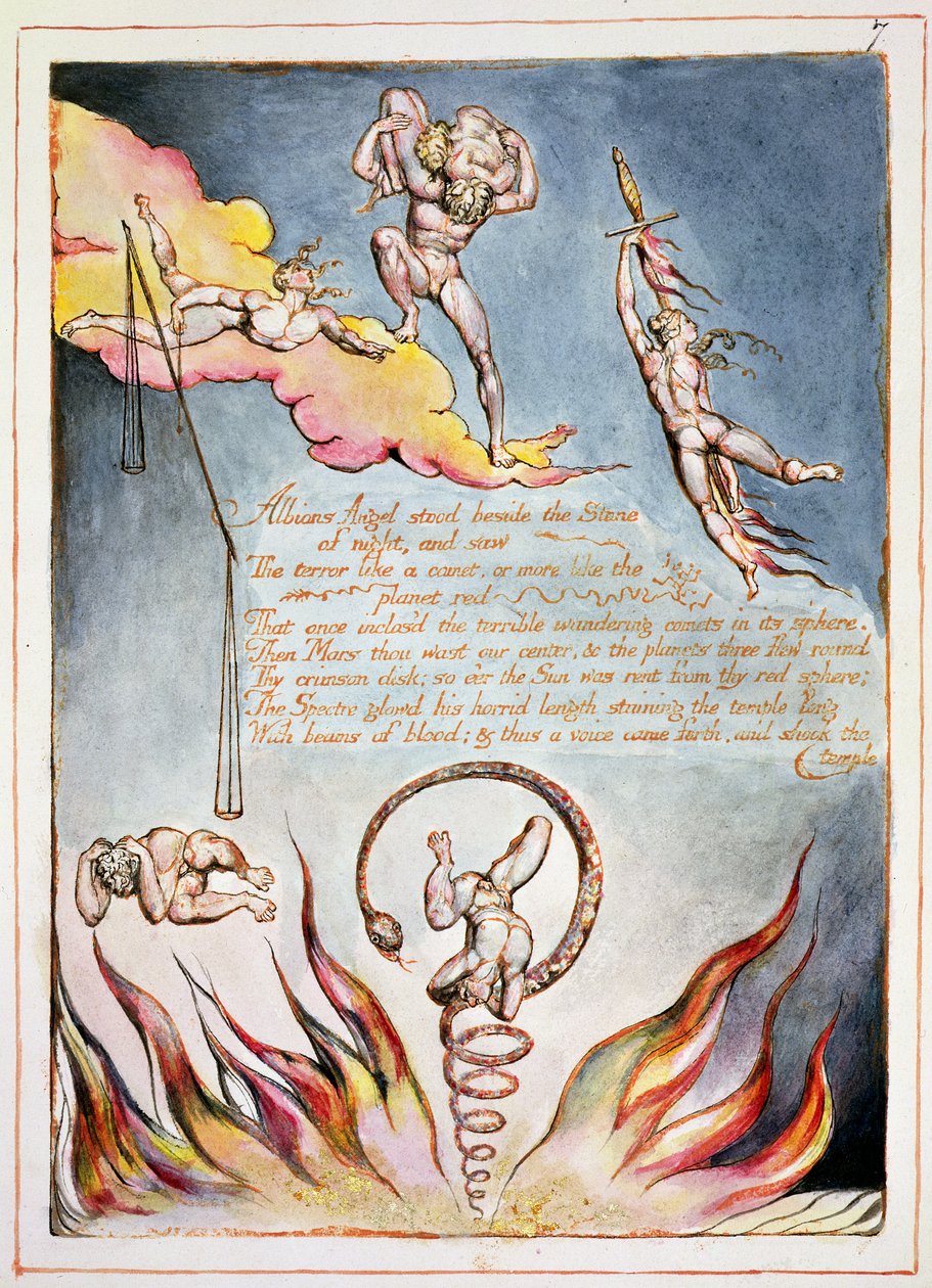 ألبيون أنجل ستود بجانب ، اللوحة 5 من "أمريكا ، نبوءة" ، 1793 (النقش البارز والمراحيض على الورق) بواسطة وليام بليك