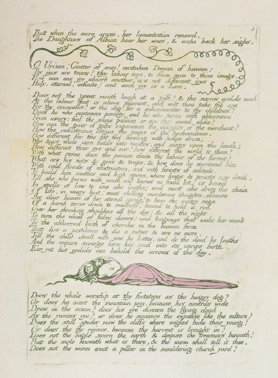 "ولكن عندما نشأ الصباح ..." ، اللوحة 8 من "رؤى بنات ألبيون" ، 1793 (نقش بارز باللون الأخضر مع مرحاض) بواسطة وليام بليك