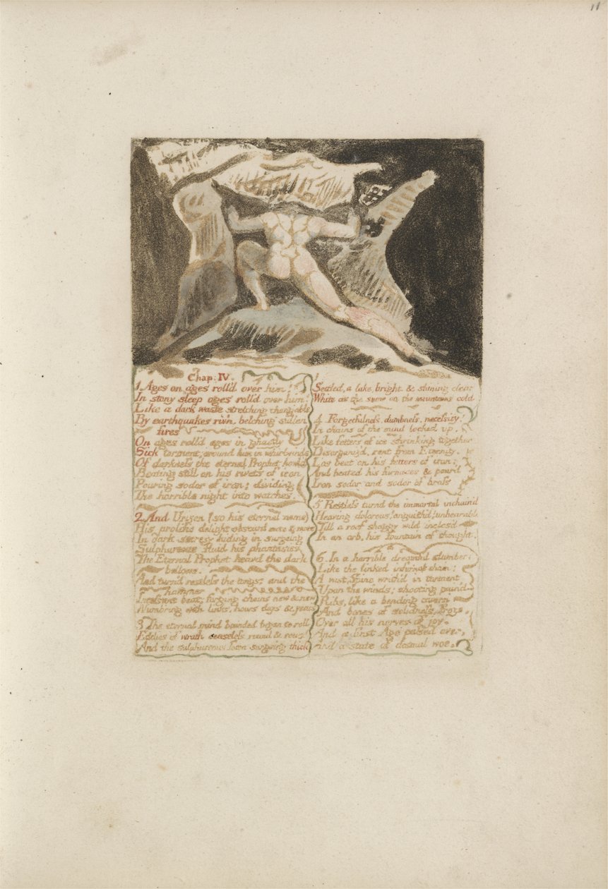 الفصل: الرابع ، الأعمار على الأعمار ولدت عليه ... ، اللوحة 13 من الكتاب الأول لأوريزين ، 1794 (نقش بارز ملون بالحبر والمرحاض) بواسطة وليام بليك