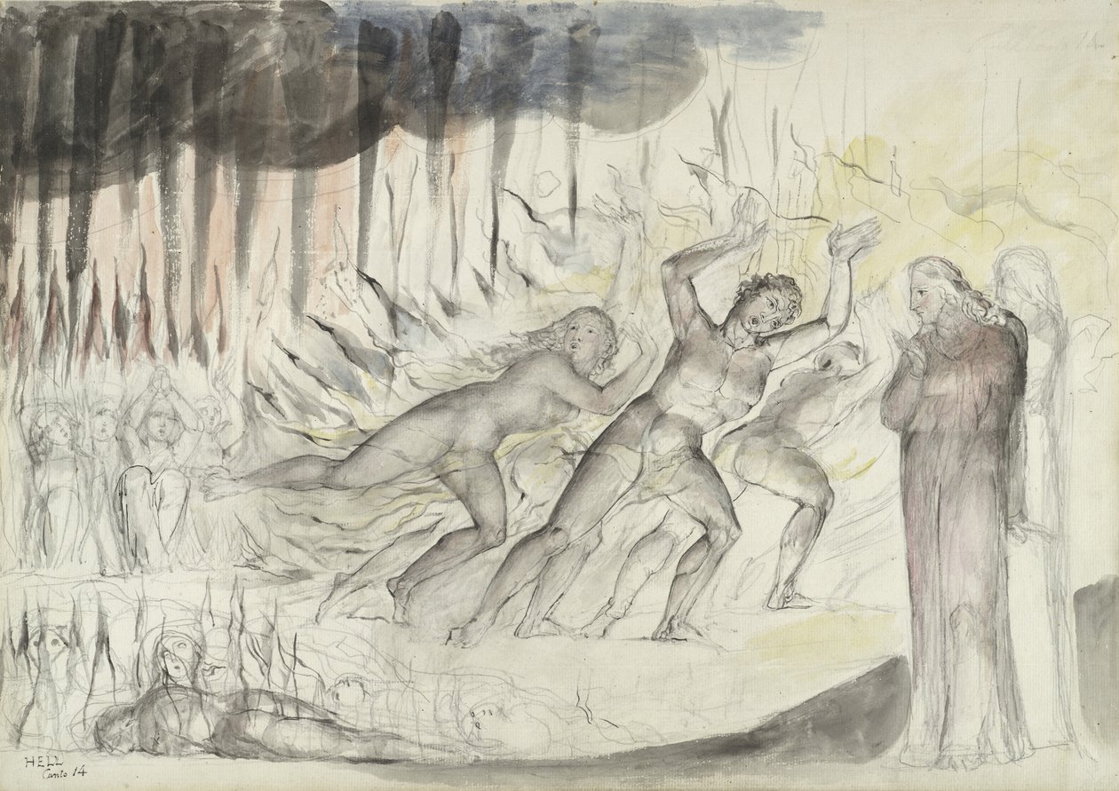 دانتي وفيرجيل بين الكفار ، توضيح للكوميديا الإلهية لدانتي أليغييري ، 1824-27 (قلم وحبر مع مرحاض فوق قلم رصاص وطباشير على ورق) بواسطة وليام بليك