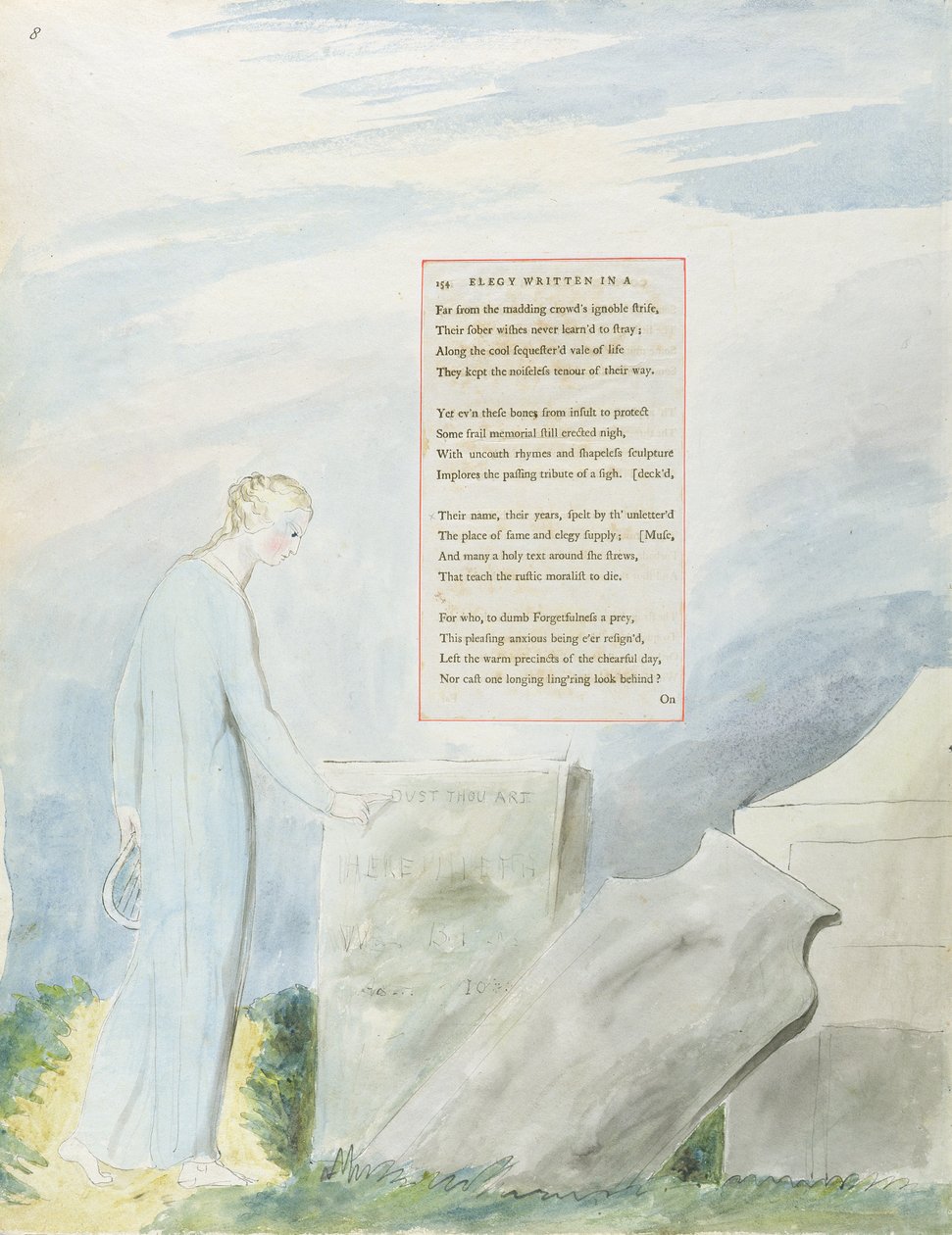 `` Elegy مكتوبة في Country Country-Yard &39;&39; ، التصميم 112 من "قصائد توماس غراي" ، 1797-98 (مرحاض مع قلم وحبر على ورق) بواسطة وليام بليك