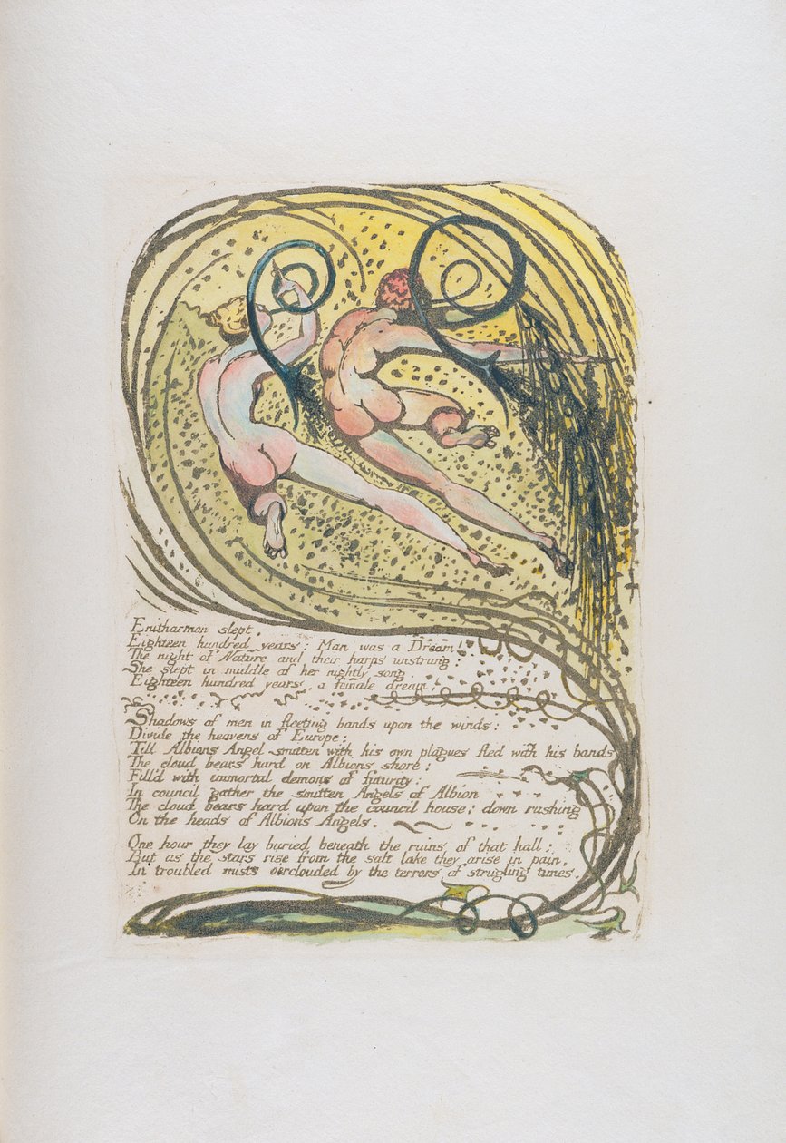 "Enitharmon slept ..." ، اللوحة 10 من "Europe: A Prophecy" ، 1794 (نقش بارز مطبوع باللون البني الداكن) بواسطة وليام بليك